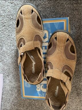 Women’s Tan Suede & Mesh Sandals